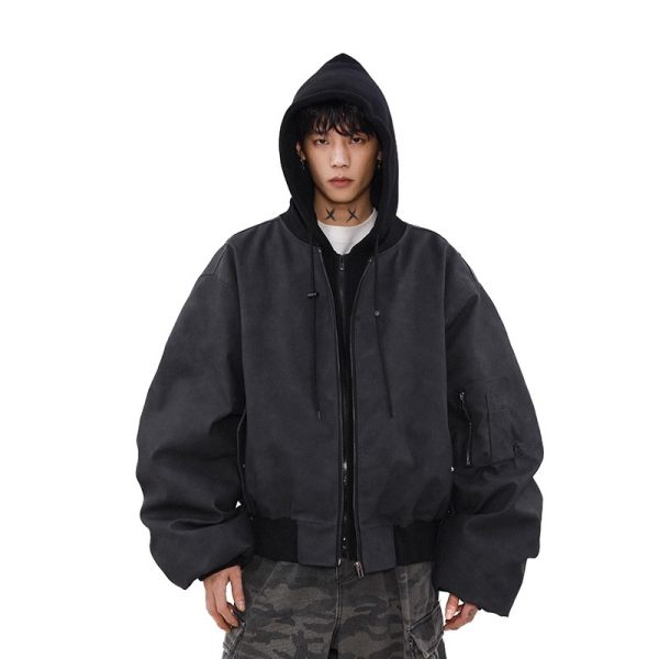 ⁦Loose Casual Hooded Coat Idle Style False Two-piece Jackets⁩ - الصورة ⁦7⁩