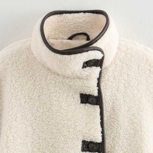 ⁦Winter New Stand Collar Contrast Color Button Loose And Warm Coat For Women⁩ - الصورة ⁦3⁩