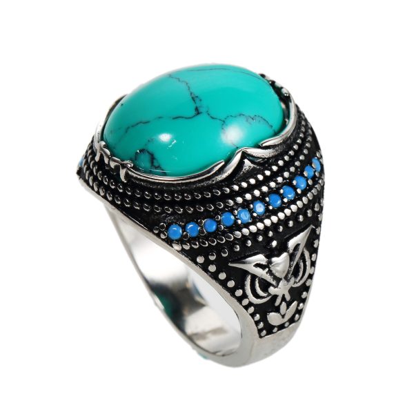 ⁦Accessories Titanium Steel Textured Turquoise Ring For Men⁩ - الصورة ⁦3⁩