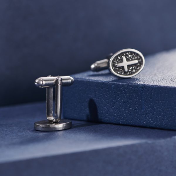 ⁦Oval Cross Cufflinks Silver Stainless Steel Shirt Cuff Links For Men Jewelry Accessories⁩ - الصورة ⁦6⁩
