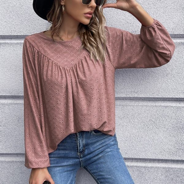 ⁦European And American Women's Clothing Solid Color Pleated Tops Baby Shirts⁩ - الصورة ⁦3⁩