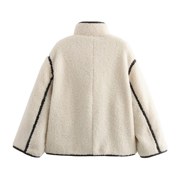 ⁦Winter New Stand Collar Contrast Color Button Loose And Warm Coat For Women⁩ - الصورة ⁦2⁩