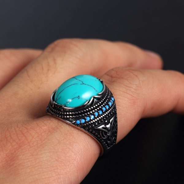⁦Accessories Titanium Steel Textured Turquoise Ring For Men⁩ - الصورة ⁦5⁩