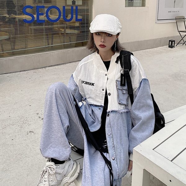 ⁦Stitching Denim Embroidered Letters Men's And Women's Jackets⁩ - الصورة ⁦7⁩
