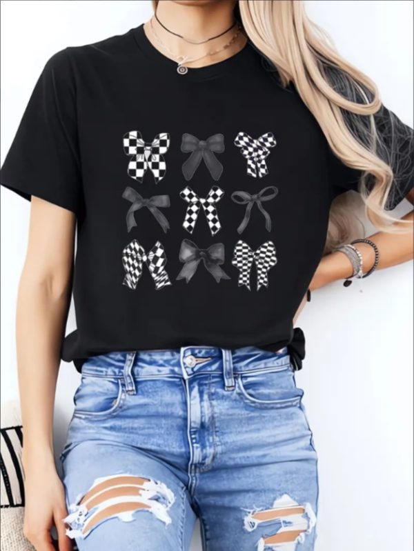 Small Bow Ladies' Casual Loose Short Sleeves, T-shirts, Basic Tops, Unique Rest, Holiday Gifts Are Preferred, Suitable For Women'S Wear In Spring And Summer, Teenagers And Girls