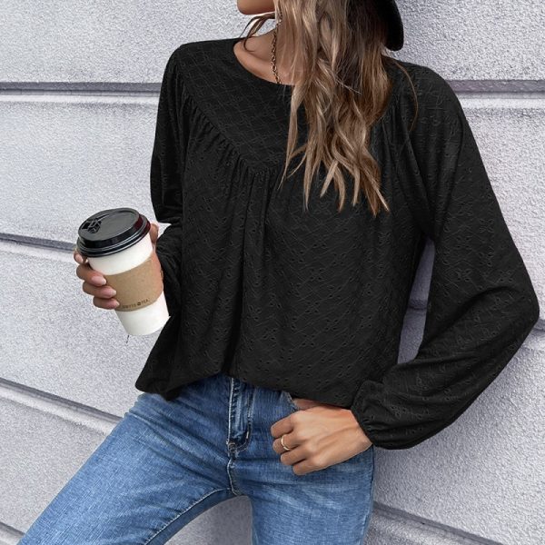 ⁦European And American Women's Clothing Solid Color Pleated Tops Baby Shirts⁩ - الصورة ⁦2⁩