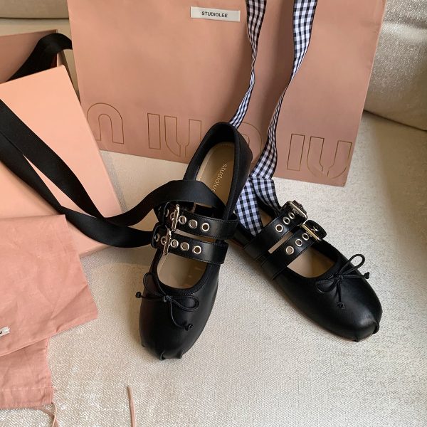 ⁦Leather Buckle Bow Round Toe Lace-up Ballet Flats⁩ - الصورة ⁦2⁩