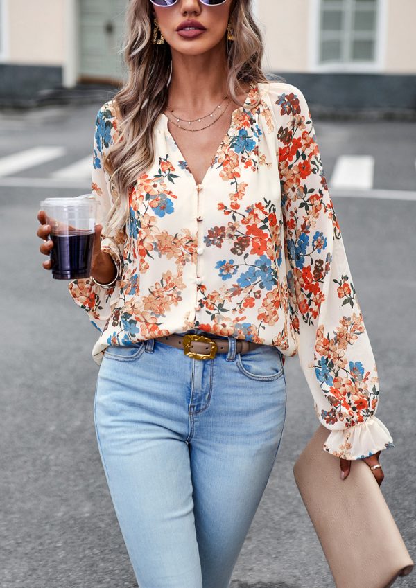 ⁦Women's Tops Casual Floral Print V Neck Long Sleeve Shirts Loose Chiffon Blouses Shirts Tops⁩ - الصورة ⁦7⁩
