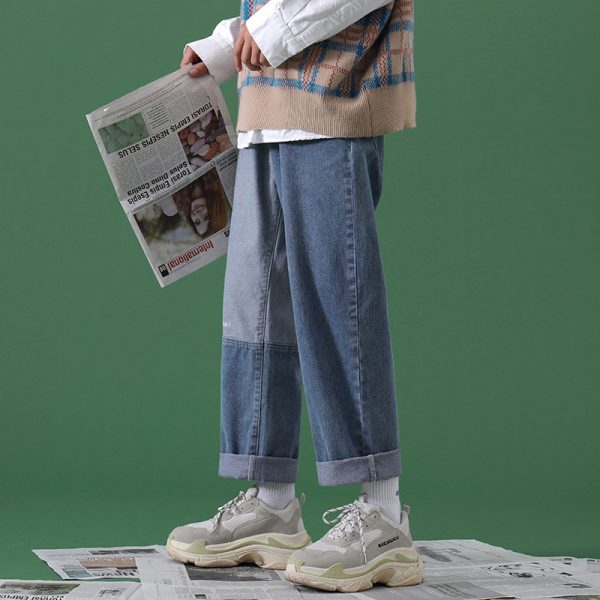 ⁦Men's Loose Bf Straight Spring And Autumn Wide Leg Stitching Jeans⁩ - الصورة ⁦5⁩