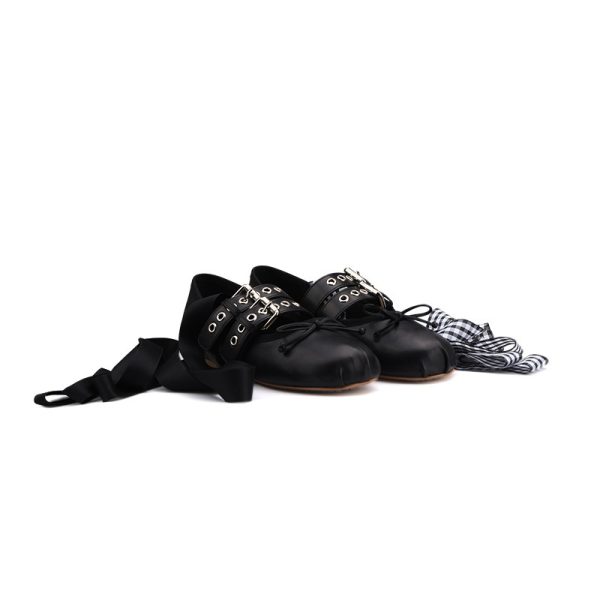 ⁦Leather Buckle Bow Round Toe Lace-up Ballet Flats⁩ - الصورة ⁦5⁩