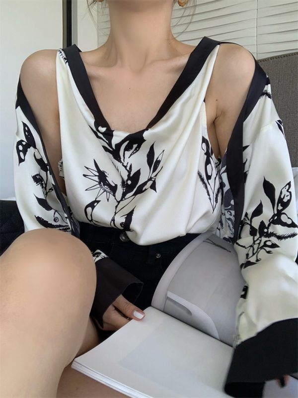 ⁦Fake Two Off-shoulder Floral Shirts For Women⁩ - الصورة ⁦5⁩