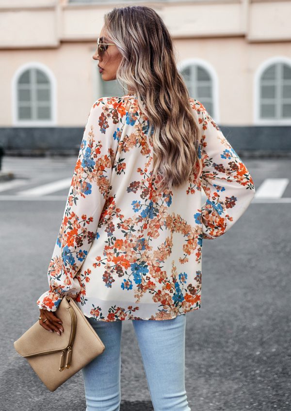 ⁦Women's Tops Casual Floral Print V Neck Long Sleeve Shirts Loose Chiffon Blouses Shirts Tops⁩ - الصورة ⁦2⁩