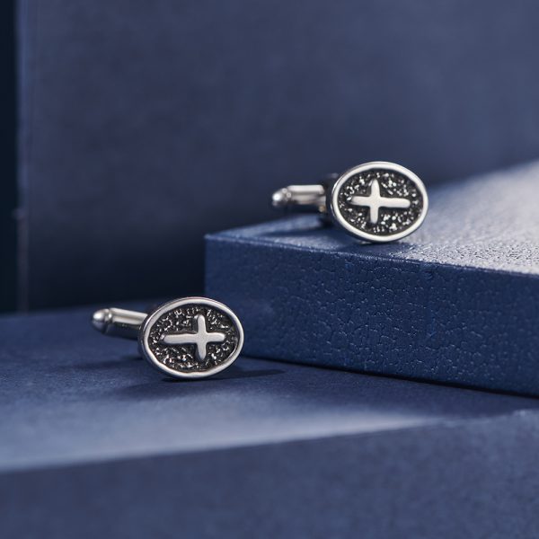 ⁦Oval Cross Cufflinks Silver Stainless Steel Shirt Cuff Links For Men Jewelry Accessories⁩ - الصورة ⁦4⁩