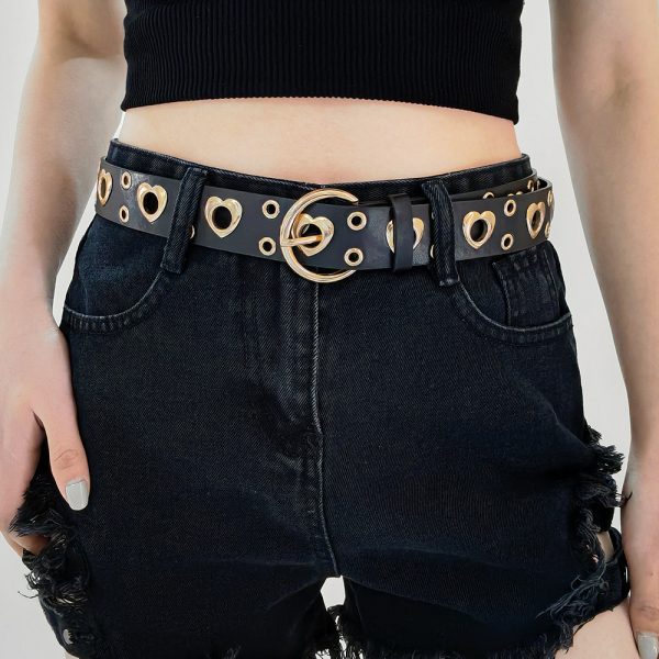 ⁦Sexy Punk Style Metal Air Eye Belt For Women With Jeans Skirt Hip Hop Heart Cutout Black Belt⁩ - الصورة ⁦3⁩