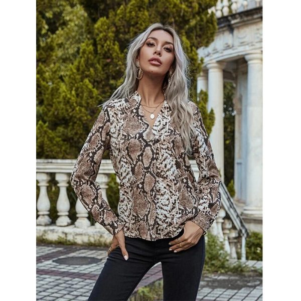 ⁦Leopard Print Shirts Long Sleeve Lapel Pattern Shirts Women's⁩ - الصورة ⁦5⁩