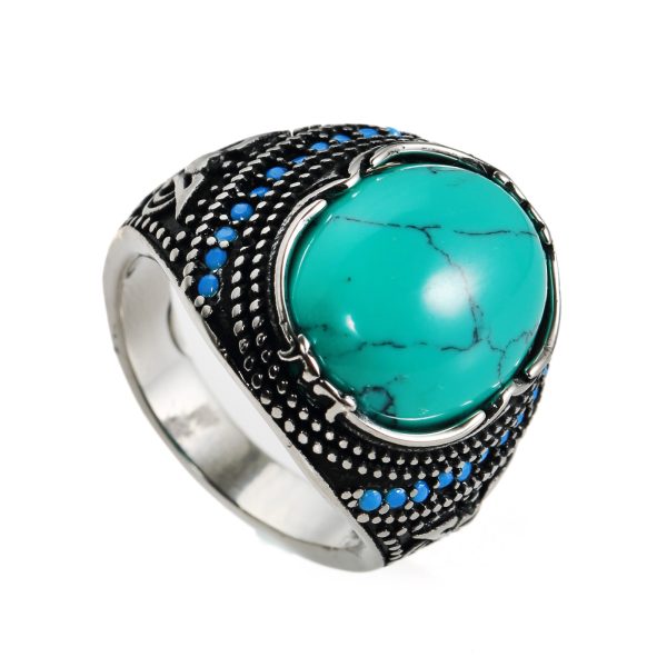 ⁦Accessories Titanium Steel Textured Turquoise Ring For Men⁩ - الصورة ⁦4⁩