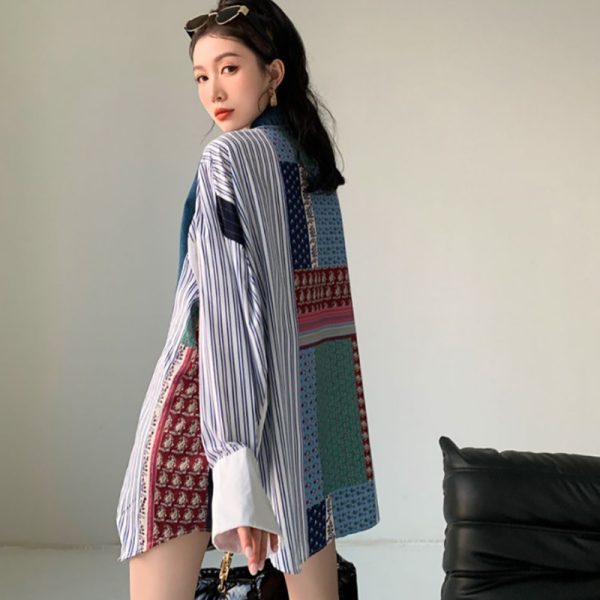 ⁦Women's Denim Patchwork Pattern Shirt Dress Loose Korean Style⁩ - الصورة ⁦6⁩