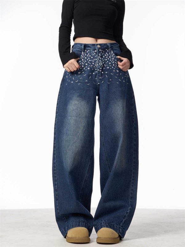 ⁦Vintage Floral Embroidered Straight Jeans Women Loose Casual Wide-leg Trousers⁩ - الصورة ⁦8⁩