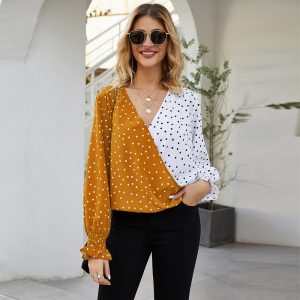 Women's Patchwork Polka Dot Long Sleeve Top Casual Shirt