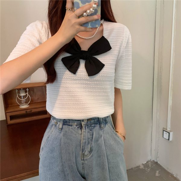 ⁦Sweet Turtleneck Round Neck Pearl Accessories Short Sleeve Sweater Bowknot Top Women⁩ - الصورة ⁦4⁩
