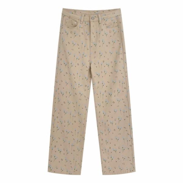 ⁦Apricot Floral Jeans Women Loose Wide-leg Straight Trousers⁩ - الصورة ⁦4⁩