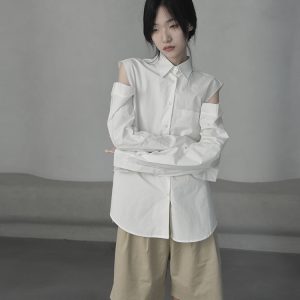 Autumn New Design Sense Off-shoulder Frayed Lapel White Shirt