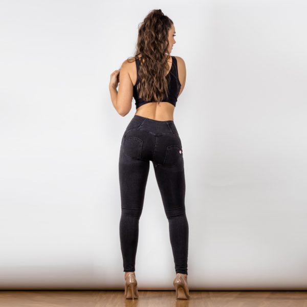 ⁦Black Women Button Up Hip Raise High Waist Jeans⁩ - الصورة ⁦9⁩