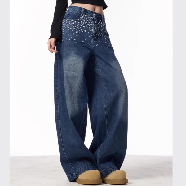 ⁦Vintage Floral Embroidered Straight Jeans Women Loose Casual Wide-leg Trousers⁩ - الصورة ⁦2⁩