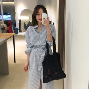 Striped shirt skirt with slit