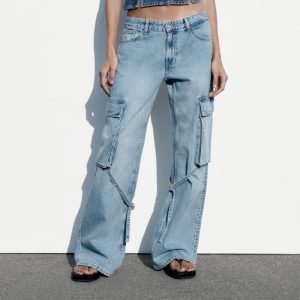 Women's Fashion Loose Strap Accessories Mid Waist Cargo Jeans