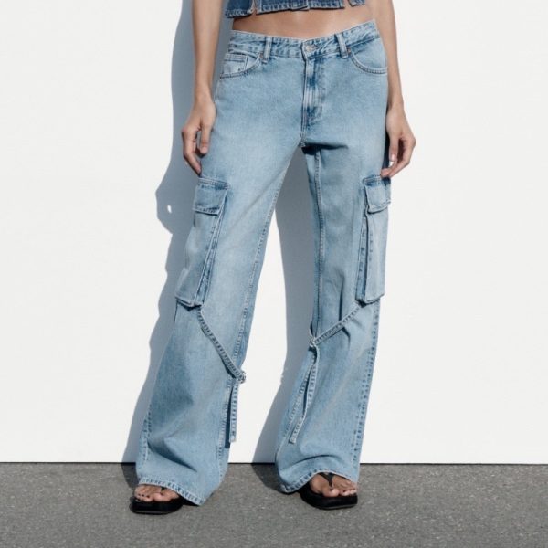 Women's Fashion Loose Strap Accessories Mid Waist Cargo Jeans