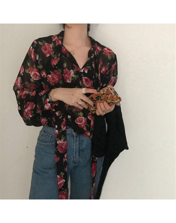 ⁦Women Retro Floral Chic Chiffon Spring Fall Fashion  Lace-up Design Soft Female Shirts Top Ins⁩ - الصورة ⁦5⁩
