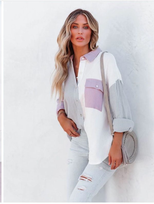 ⁦Fashion Multicolor Patchwork Long Sleeve Cardigan Women's Shirts⁩ - الصورة ⁦8⁩