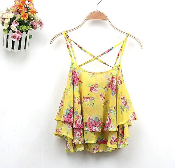⁦Blusa Hot 4Colors Women Summer Strap Floral Print Chiffon Blouse Sexy Tops Retro Floral Cross-Shoulder Shirts Sleeveless T⁩ - الصورة ⁦5⁩