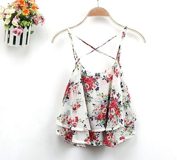 ⁦Blusa Hot 4Colors Women Summer Strap Floral Print Chiffon Blouse Sexy Tops Retro Floral Cross-Shoulder Shirts Sleeveless T⁩ - الصورة ⁦4⁩