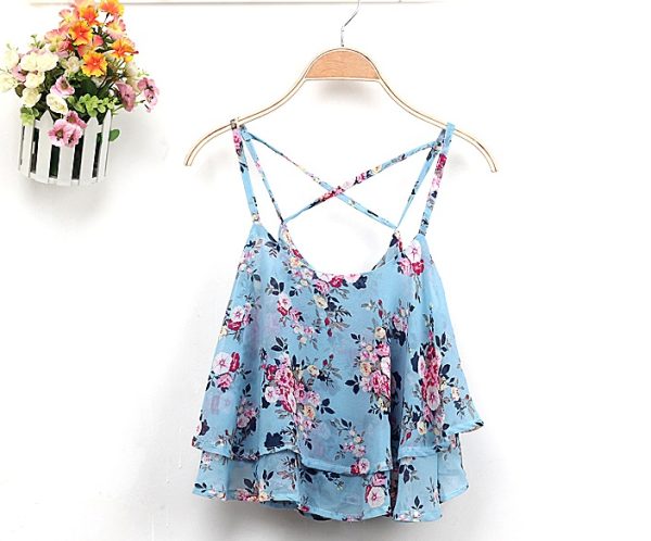 ⁦Blusa Hot 4Colors Women Summer Strap Floral Print Chiffon Blouse Sexy Tops Retro Floral Cross-Shoulder Shirts Sleeveless T⁩ - الصورة ⁦3⁩