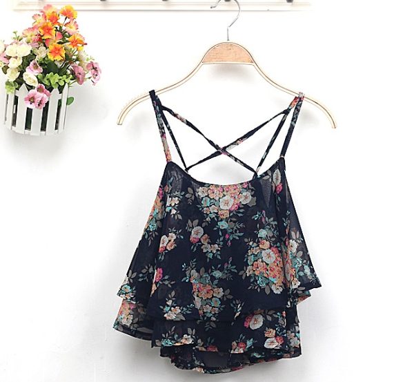 ⁦Blusa Hot 4Colors Women Summer Strap Floral Print Chiffon Blouse Sexy Tops Retro Floral Cross-Shoulder Shirts Sleeveless T⁩ - الصورة ⁦2⁩