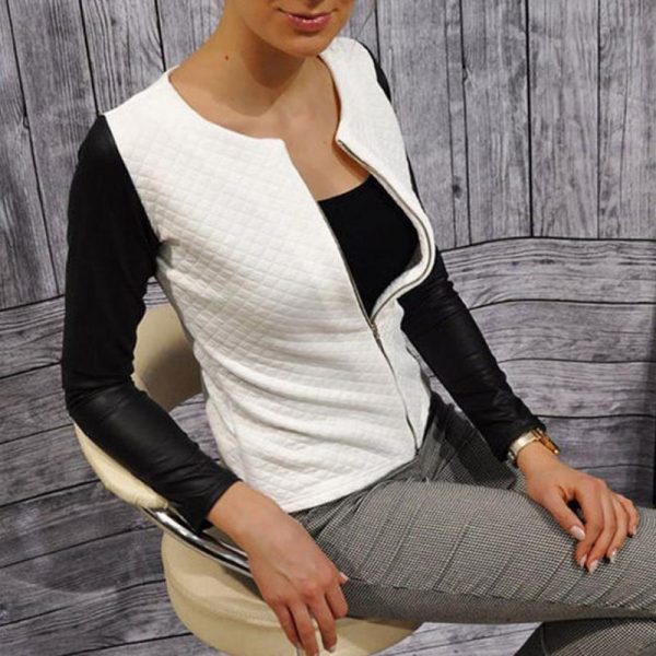 ⁦Female Outwear PU Leather Patchwork Spring Autumn Plaid Women Thin Coats Short Jackets Casual Slim Blazers Suit Cardigans⁩ - الصورة ⁦2⁩