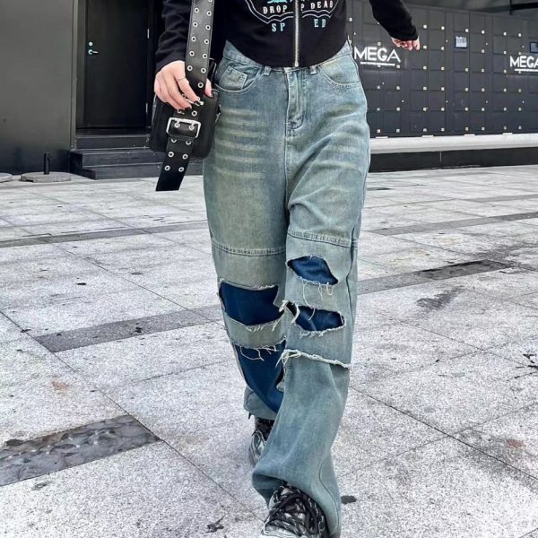 ⁦Women's Straight Pants Ripped Slimming Stitching Jeans⁩ - الصورة ⁦2⁩