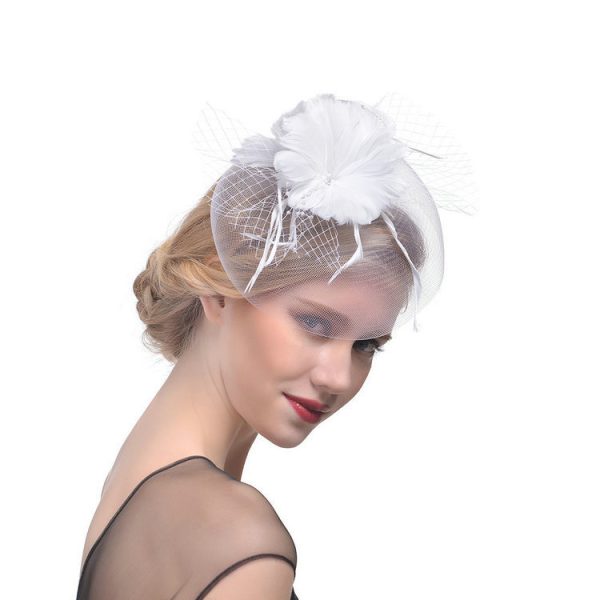 ⁦Feather Headdress Bridal Net Yarn Hairpin Ball Party Hair Accessories⁩ - الصورة ⁦2⁩