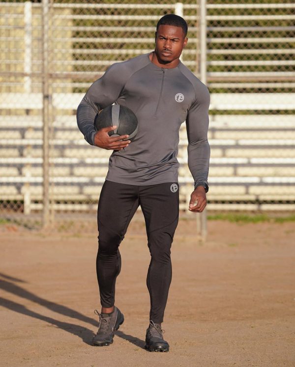 ⁦Zipper Neck Fitness Shirts Men Black Long Sleeve GYM Sport Tshirt⁩ - الصورة ⁦6⁩