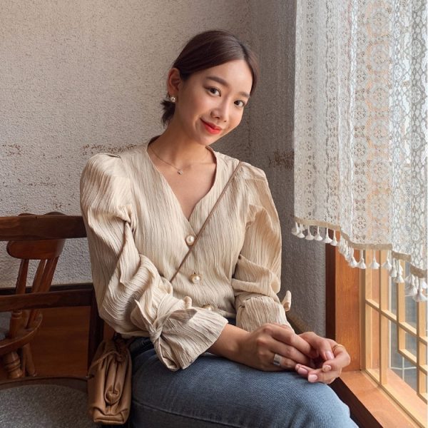 ⁦Alien Kitty Korean Retro Elegance Casual Sweet Solid Pearls Chic Fresh High Quality Loose Vintage All Match Women Shirts⁩ - الصورة ⁦2⁩
