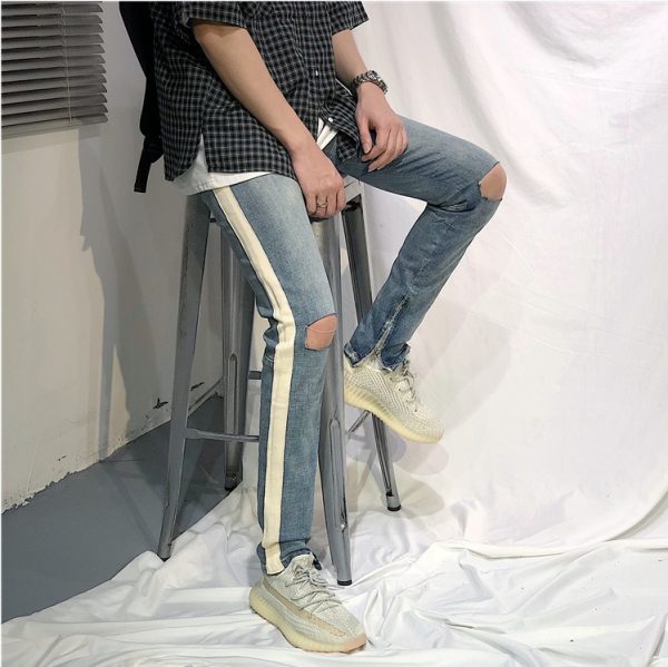 ⁦Summer European And American Street Hip.Hop Single Bar White Edge Pants Men''S Trend Slim Light Blue Cat Whiskers Pierced Jeans⁩ - الصورة ⁦3⁩