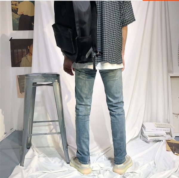 ⁦Summer European And American Street Hip.Hop Single Bar White Edge Pants Men''S Trend Slim Light Blue Cat Whiskers Pierced Jeans⁩ - الصورة ⁦6⁩