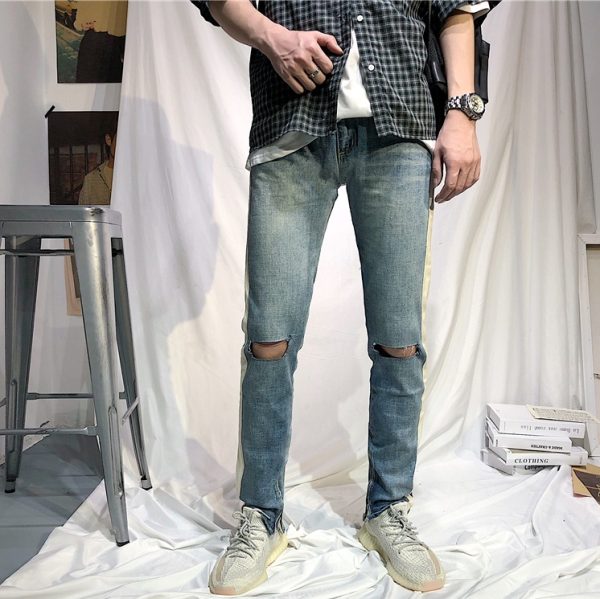 ⁦Summer European And American Street Hip.Hop Single Bar White Edge Pants Men''S Trend Slim Light Blue Cat Whiskers Pierced Jeans⁩ - الصورة ⁦7⁩