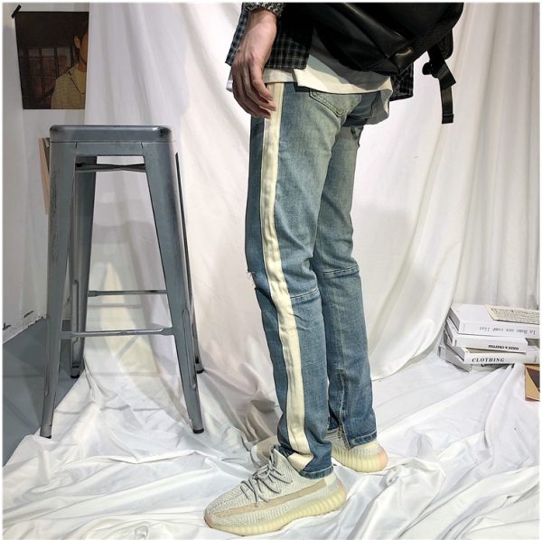 ⁦Summer European And American Street Hip.Hop Single Bar White Edge Pants Men''S Trend Slim Light Blue Cat Whiskers Pierced Jeans⁩ - الصورة ⁦4⁩