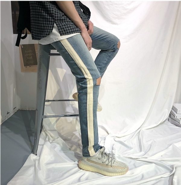 ⁦Summer European And American Street Hip.Hop Single Bar White Edge Pants Men''S Trend Slim Light Blue Cat Whiskers Pierced Jeans⁩ - الصورة ⁦5⁩