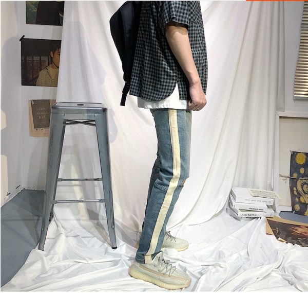 ⁦Summer European And American Street Hip.Hop Single Bar White Edge Pants Men''S Trend Slim Light Blue Cat Whiskers Pierced Jeans⁩ - الصورة ⁦2⁩