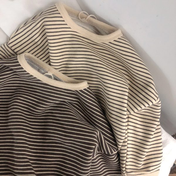 ⁦Boys And Girls T-Shirts With Striped Round Neck And Inner Bottoming Shirt Pullover Loose Loose⁩ - الصورة ⁦4⁩