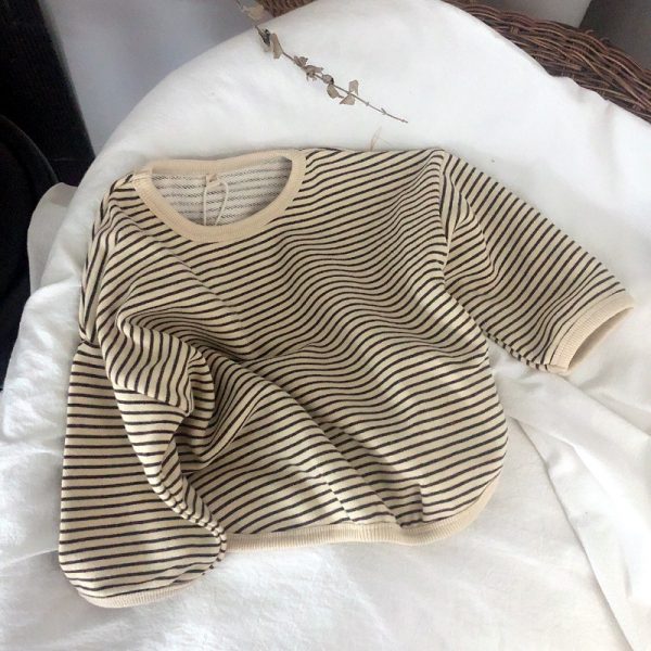 ⁦Boys And Girls T-Shirts With Striped Round Neck And Inner Bottoming Shirt Pullover Loose Loose⁩ - الصورة ⁦2⁩